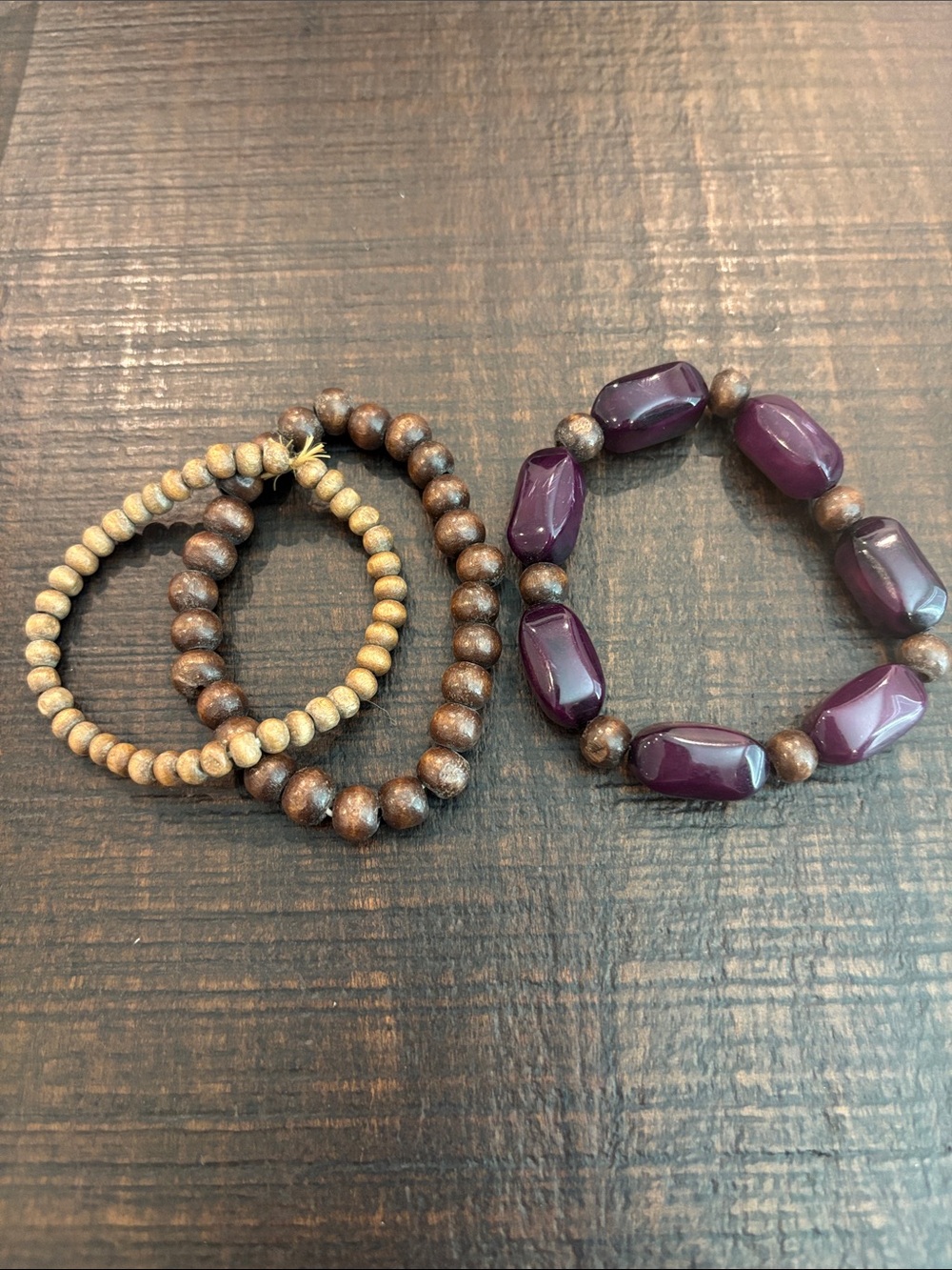 3pc Boho Bracelet Lot | Wooden Beaded & Chunky Purple Acrylic Stretch Stack